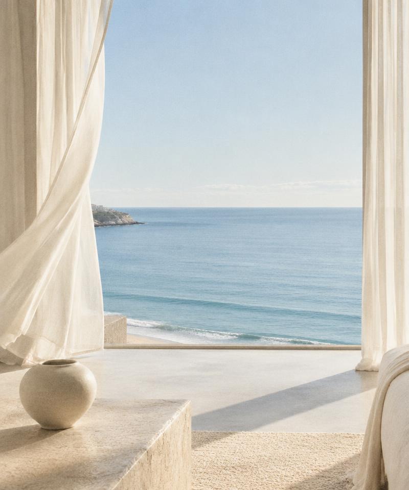 Clear ocean horizon from an airy coastal room