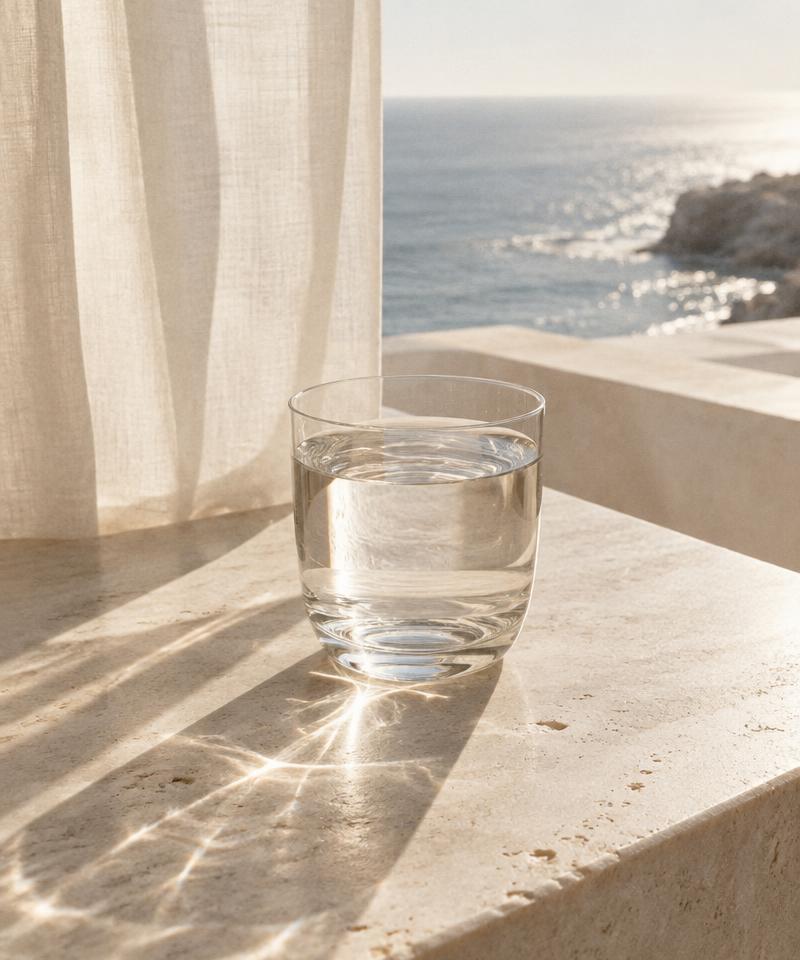 Clear water in a glass overlooking the sea