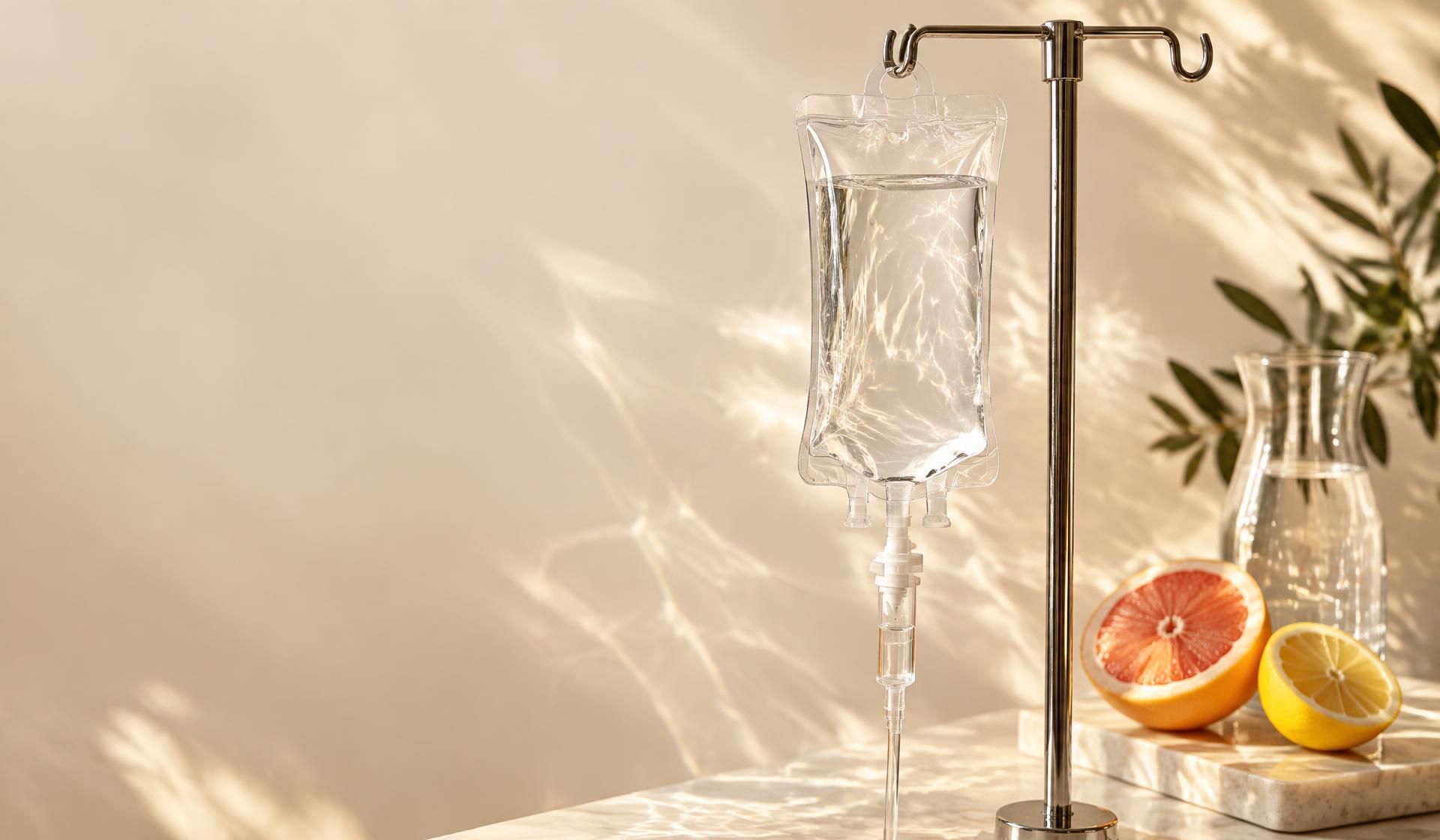 Clear IV infusion beside fresh citrus in warm sunlight